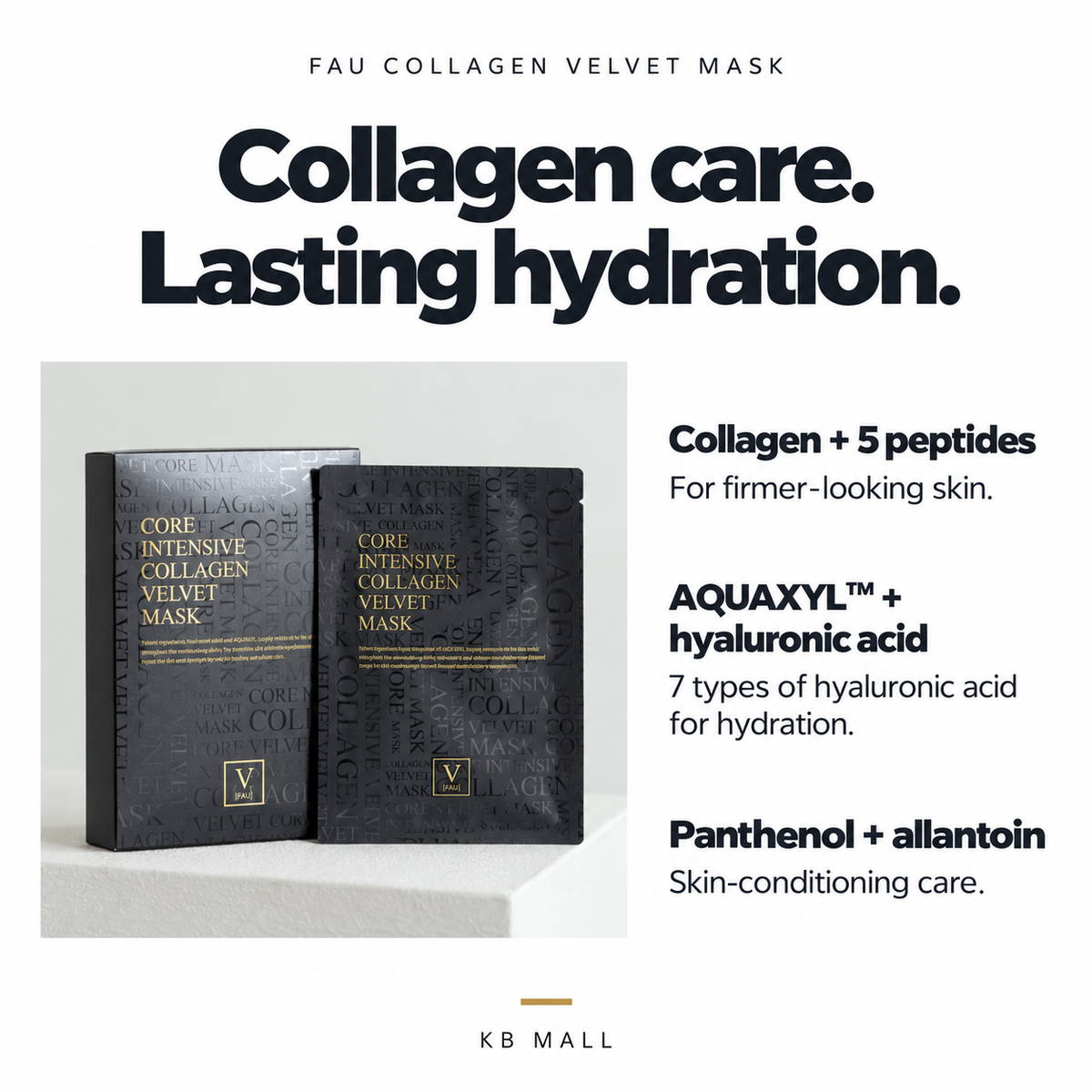 FAU Collagen Velvet Mask ingredient overview featuring collagen, five peptides, AQUAXYL™, seven types of hyaluronic acid, panthenol and allantoin.
