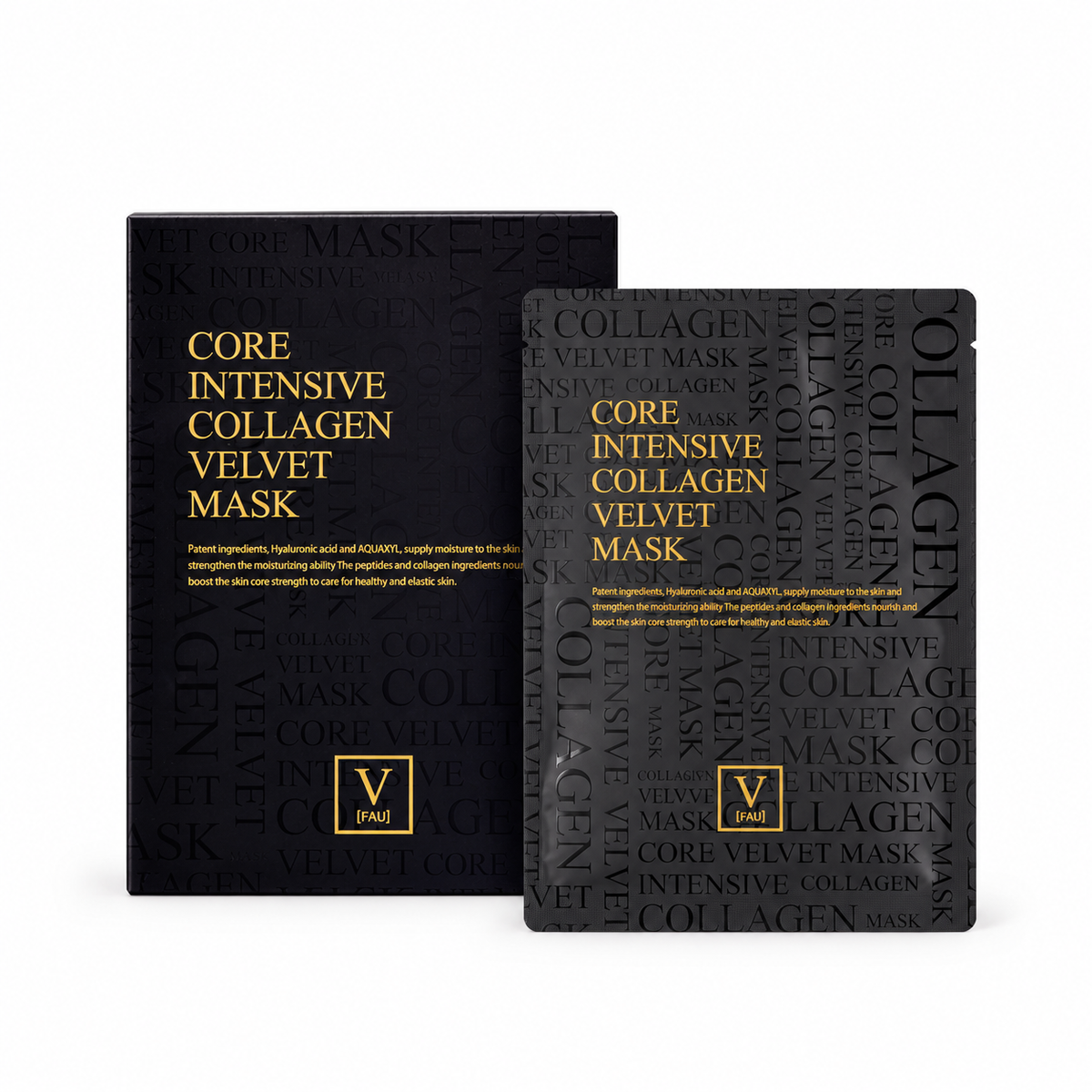 FAU Core Intensive Collagen Velvet Mask black retail box and individual sachet with gold lettering.