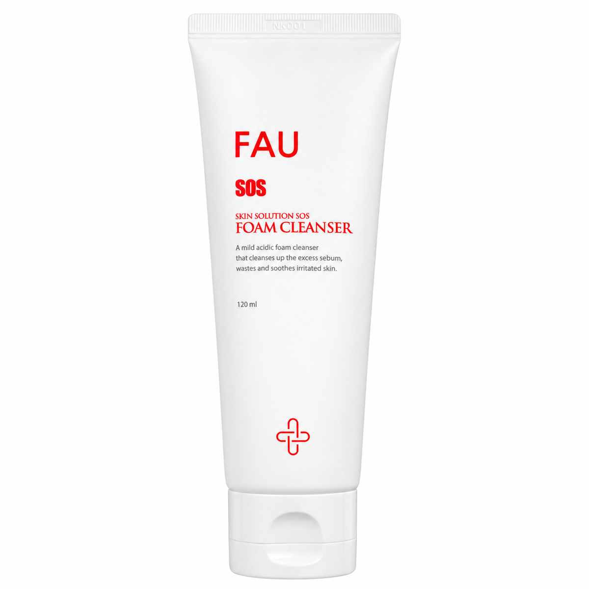 FAU Skin Solution SOS Foam Cleanser 120ml white tube with red lettering on a white background.