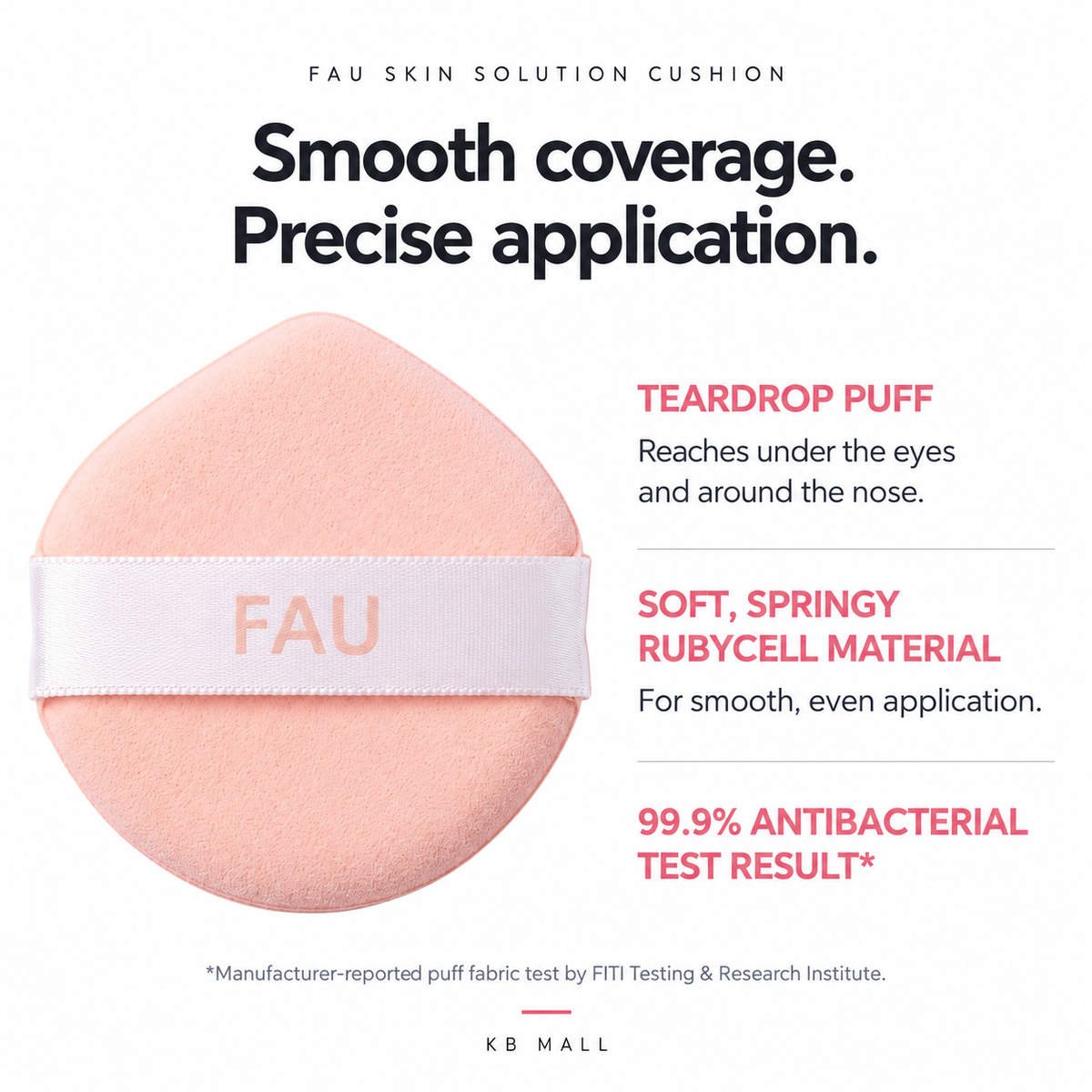 FAU Cica Centella Cushion pink teardrop puff with soft Rubycell material for precise application, alongside manufacturer-reported antibacterial fabric test information.