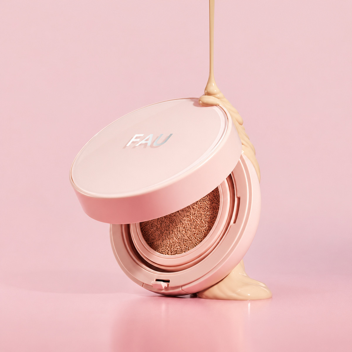 Open FAU Cica Centella Cushion showing the beige foundation-soaked sponge and liquid makeup texture.