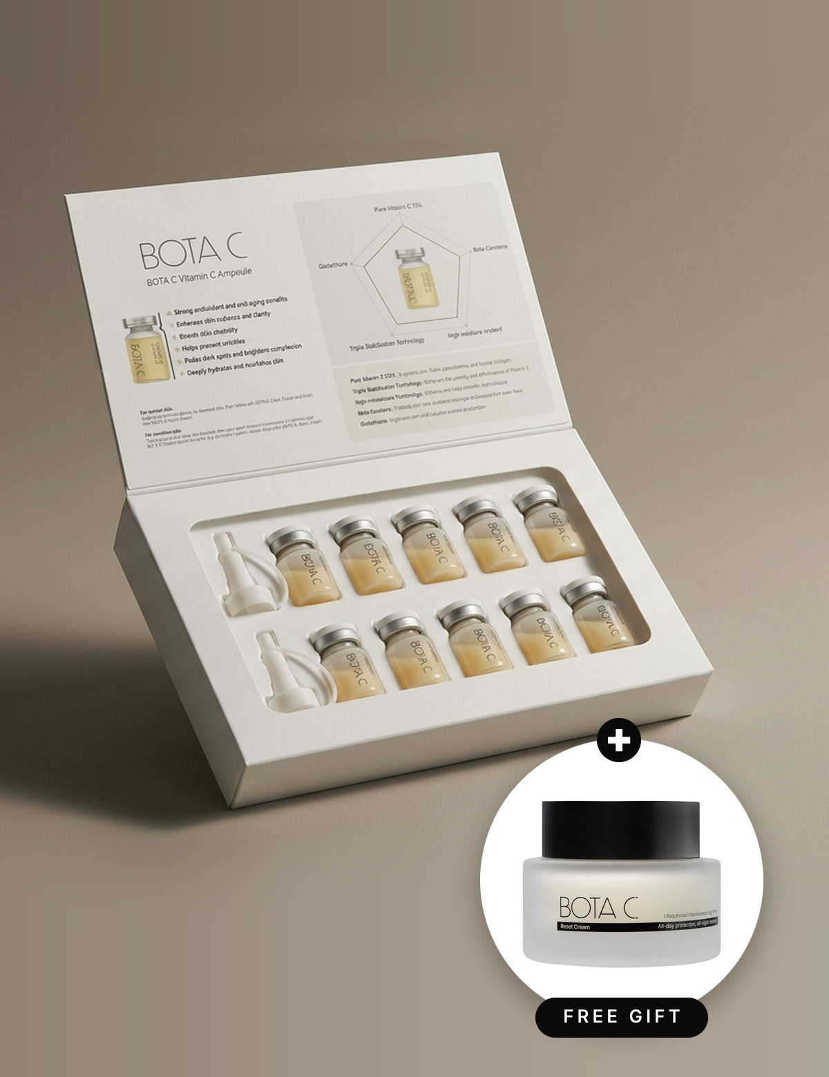 BOTA C Glowing Skin Vitamin C Ampoule set, 5g x 10, with a complimentary Reset Cream 50g shown in a Free Gift badge.