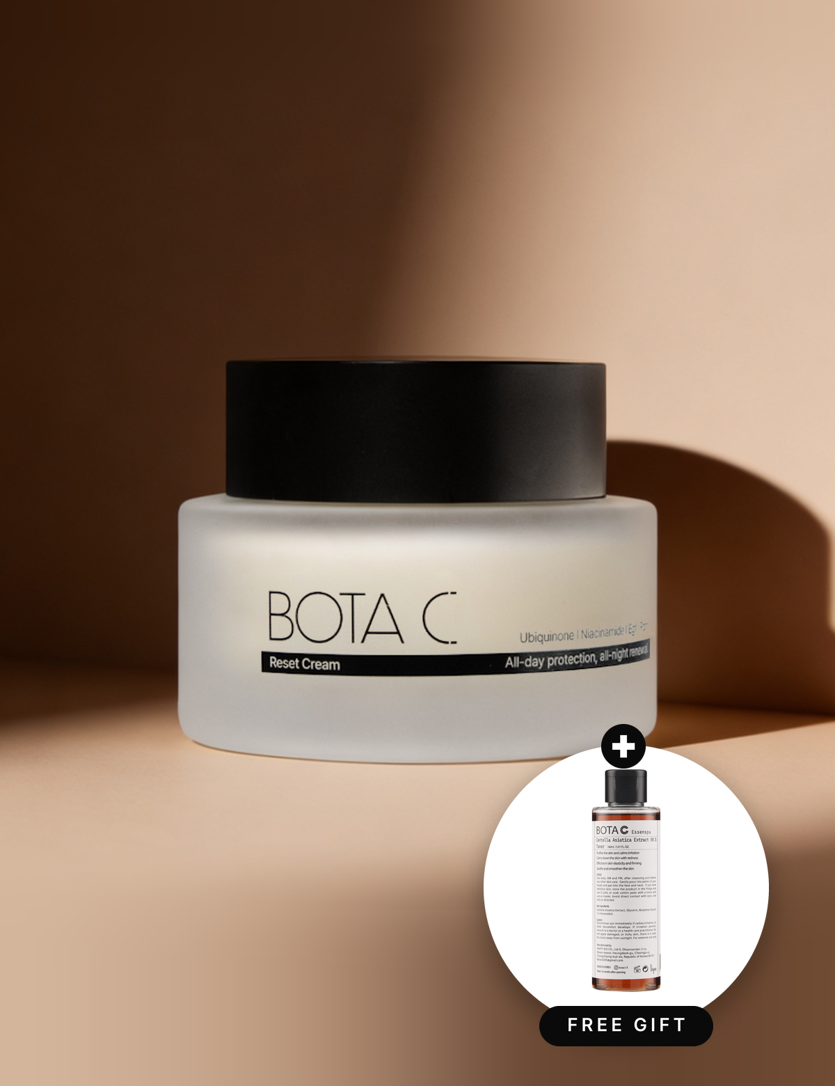 BOTA C Reset Cream 50g jar with a complimentary Centella 89.5% Toner 160ml shown in a Free Gift badge.
