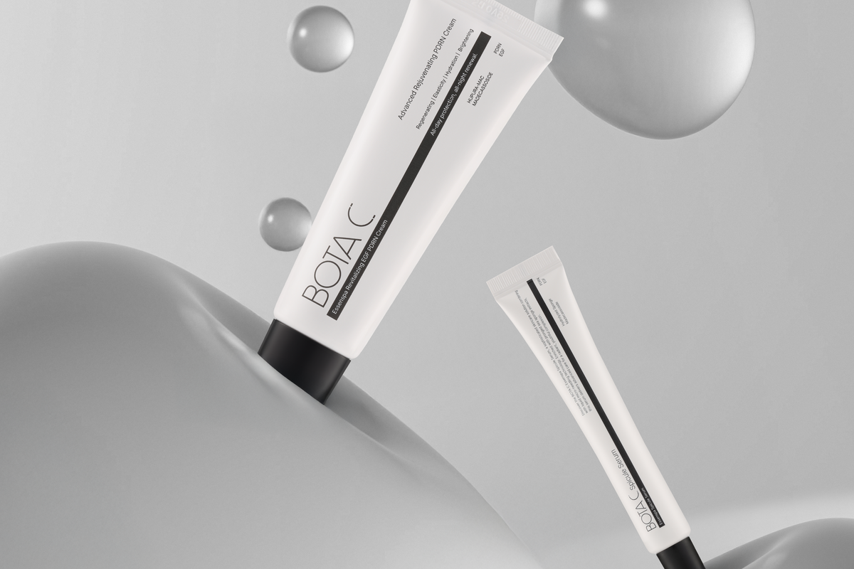 BOTA C EGF PDRN Cream and Spicule Serum on a sculptural grey background, Korean skincare available at KB Mall Australia.